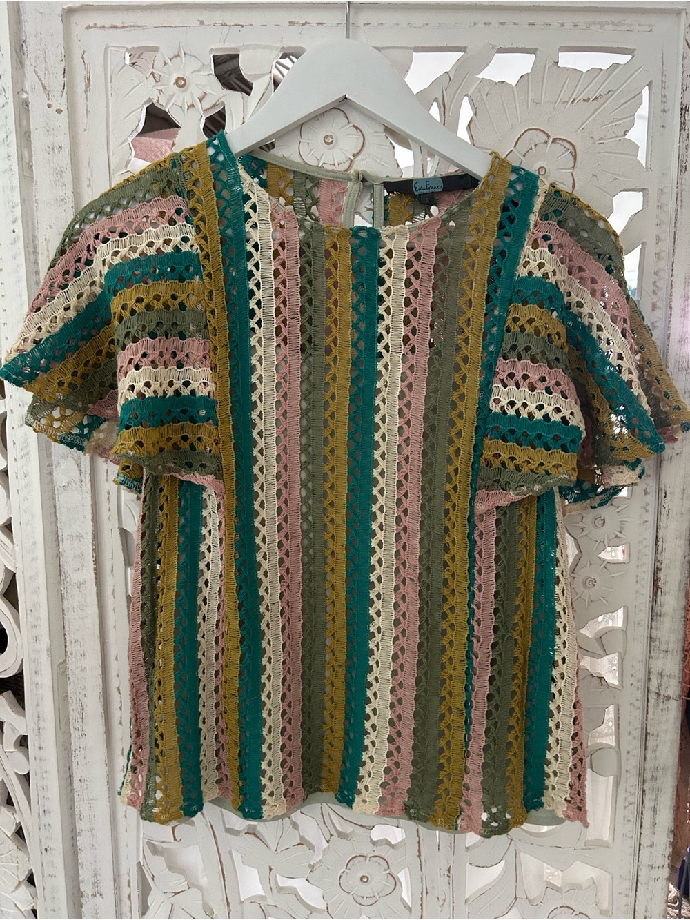 Eva Franco Striped Crochet FlutterSleeve Top - Pink, Teal, Olive, Cream, Mustard